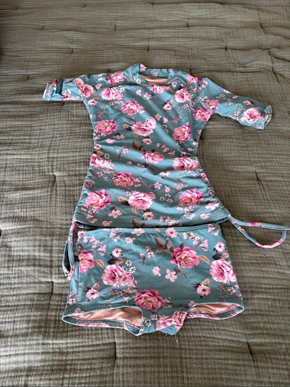 Girls Floral Rash Guard Swim Set - Pink on Teal